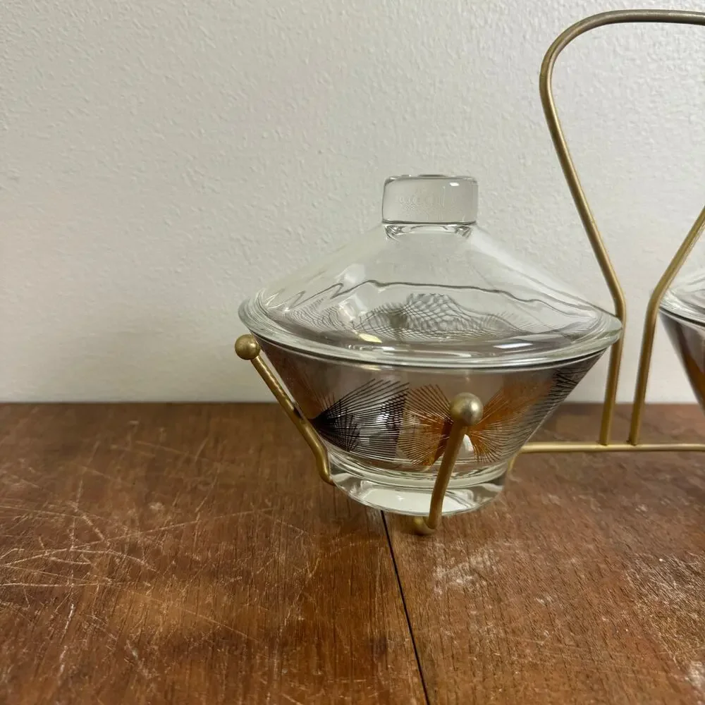 MCM Vintage Retro black gold design glass condiment dishes with‎ metal holder